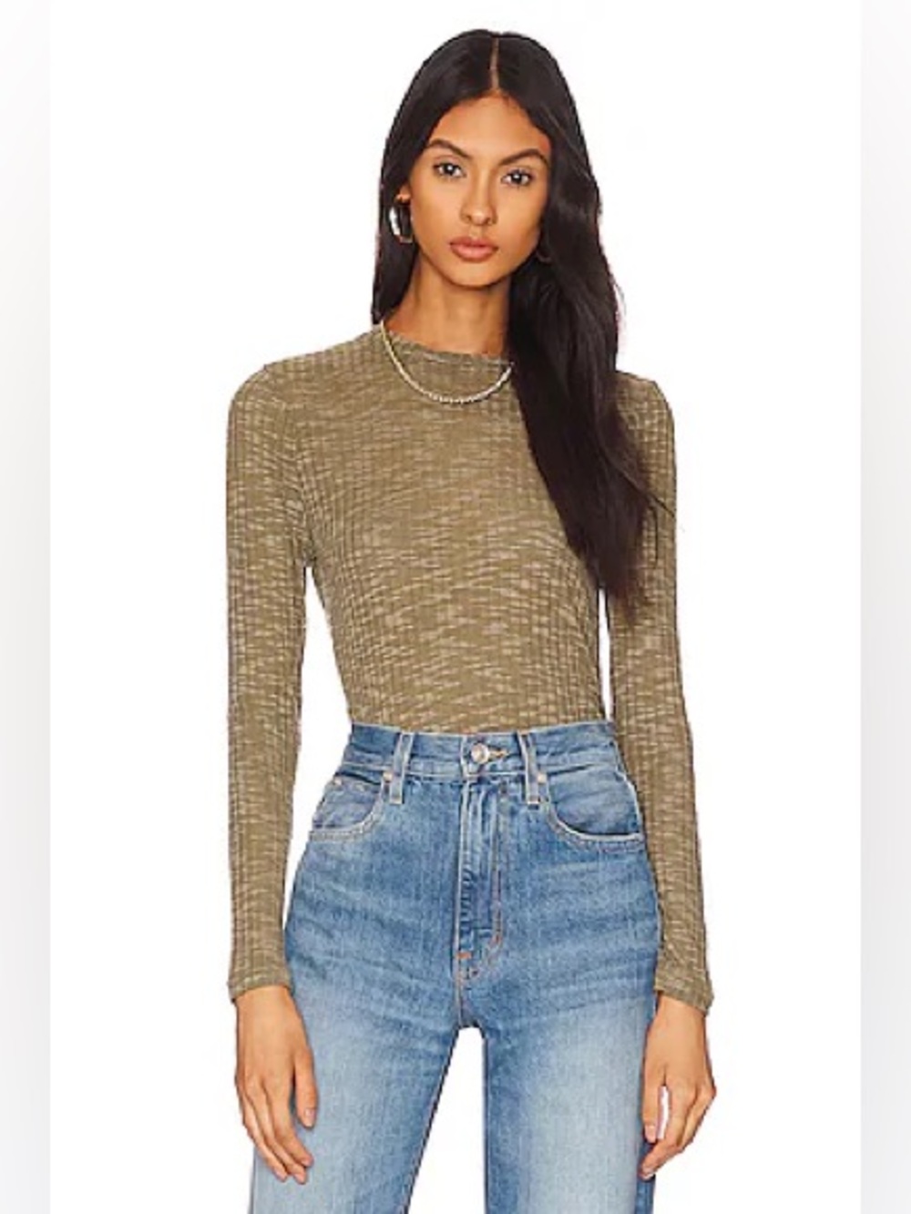 Free People Aura Layering Top Deep Army Olive Green Ribbed Long Sleeve XS Sheer